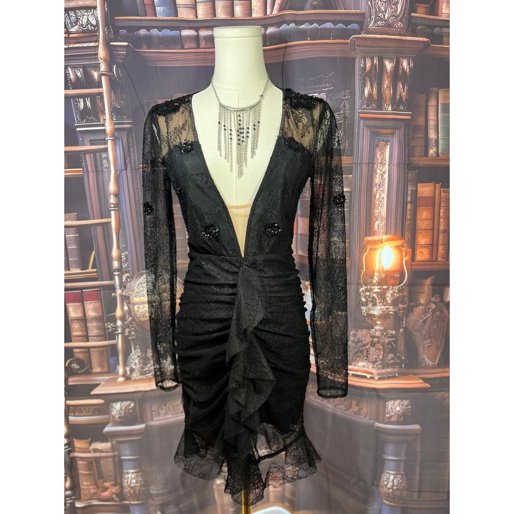 For Love & Lemons Black Lace Ruched Mini Dress Size S • Dramatic Cocktail Length